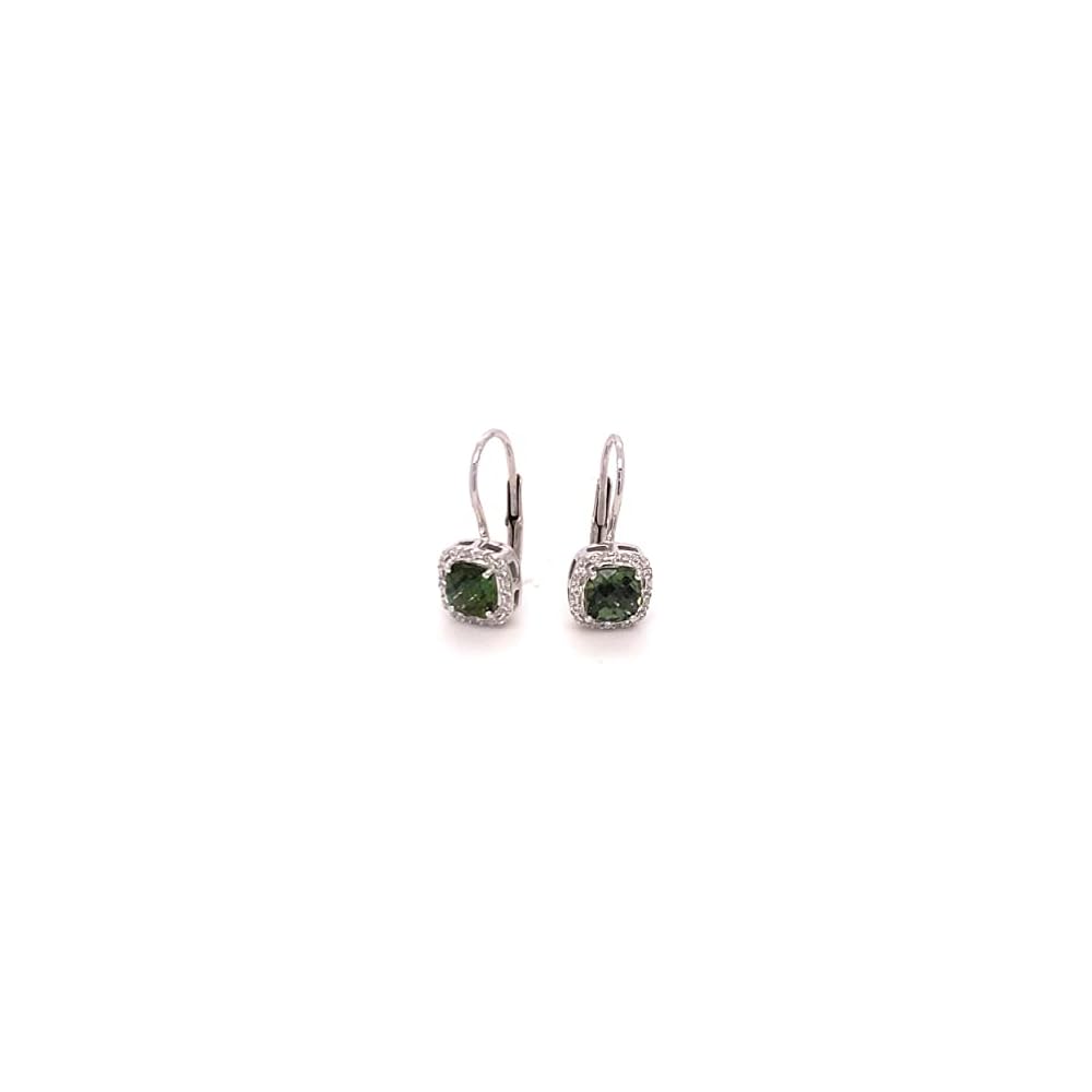14k White Gold Earrings in Cushion Cut Green Tourmaline & Natural Diamonds, Leverback Earrings, Earrings For Women, Gold Jewelry, Jewelry for Women, Aesthetic, Gold Jewelry, Birthday Gifts For Women