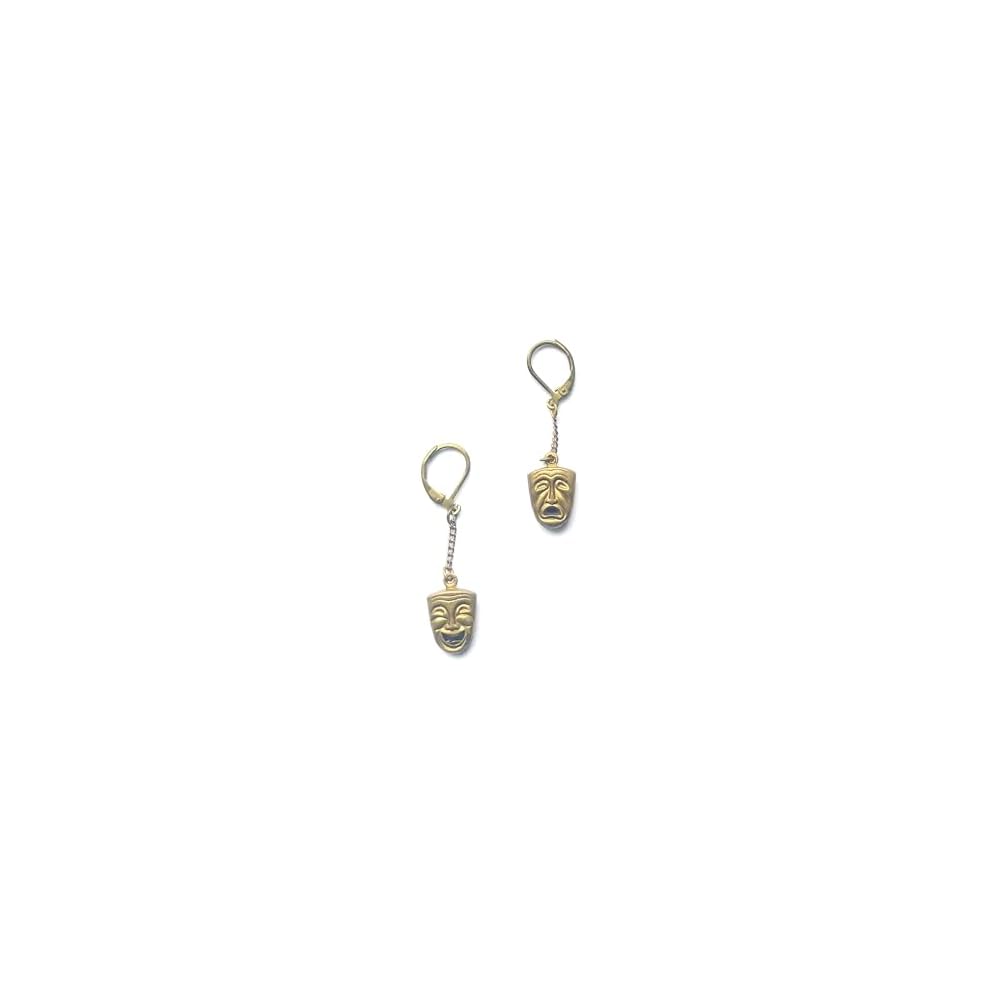 Theatrical Antique Brass Charm Necklace Tragedy Comedy Pendant/Earrings Theater Lover Gift Gold Plated Chain