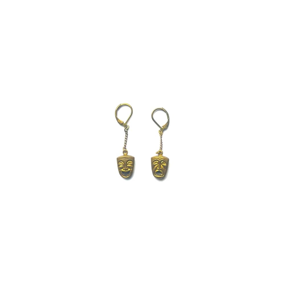 Theatrical Antique Brass Charm Necklace Tragedy Comedy Pendant/Earrings Theater Lover Gift Gold Plated Chain