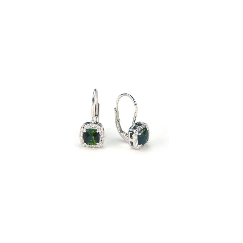 14k White Gold Earrings in Cushion Cut Green Tourmaline & Natural Diamonds, Leverback Earrings, Earrings For Women, Gold Jewelry, Jewelry for Women, Aesthetic, Gold Jewelry, Birthday Gifts For Women