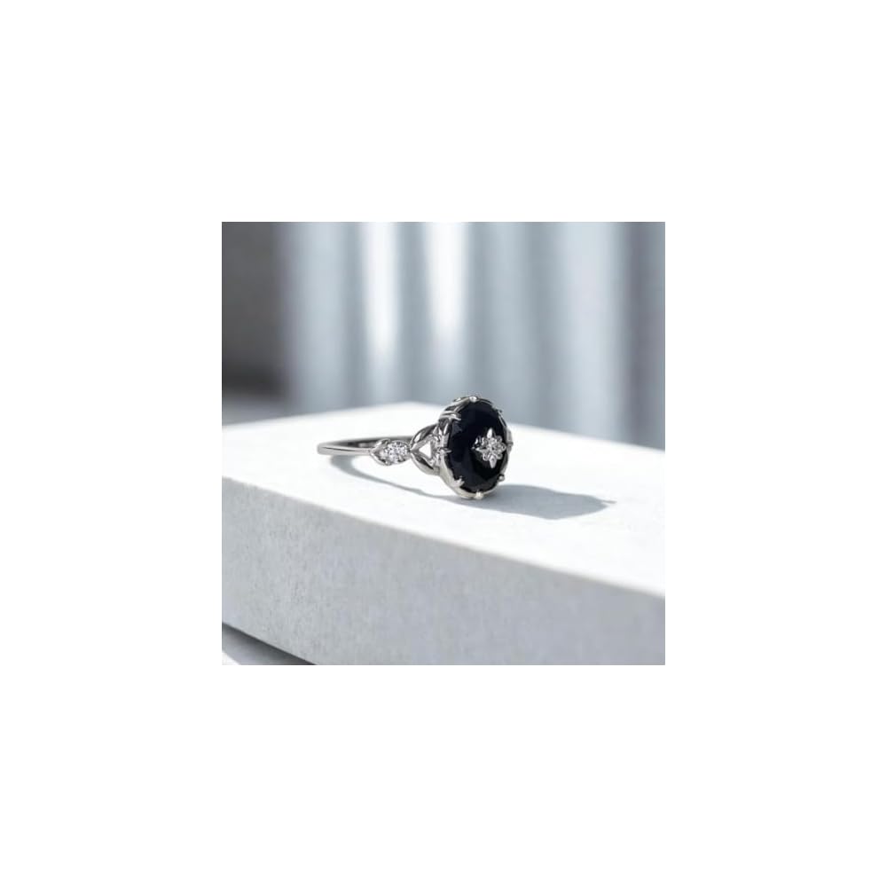 ELAMMO Ring for Women - 925 Sterling Silver Vintage Oval Cut Natural Gemstone Rings, Dainty Stacking Birthstone Ring Jewelry Gift for Her