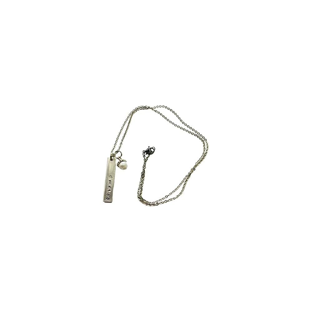 #metoo bar necklace, handstamped, with a white glass pearl dangle, on an 18 inch stainless steel link chain with a glass pearl dangle