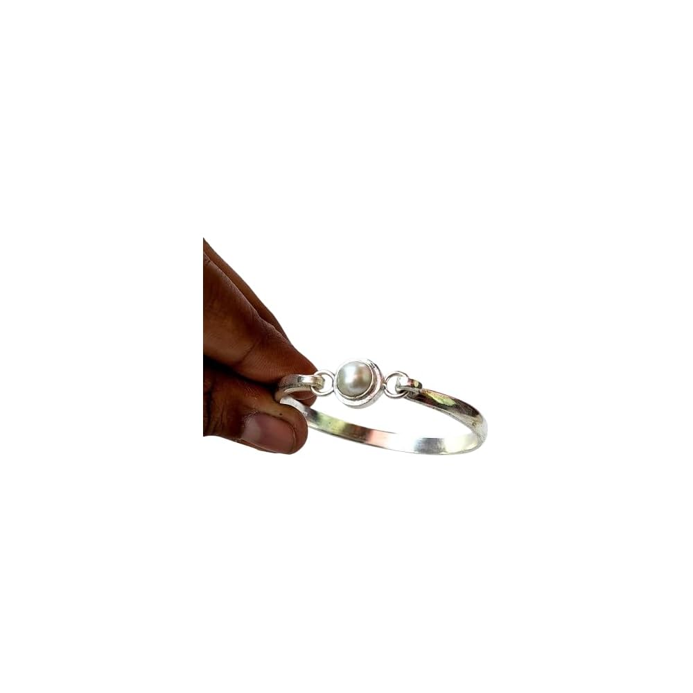 925 Sterling Silver Pearl Bangle Bracelet, Natural Round Pearl Cuff, Handmade Statement Jewelry Gift for Women