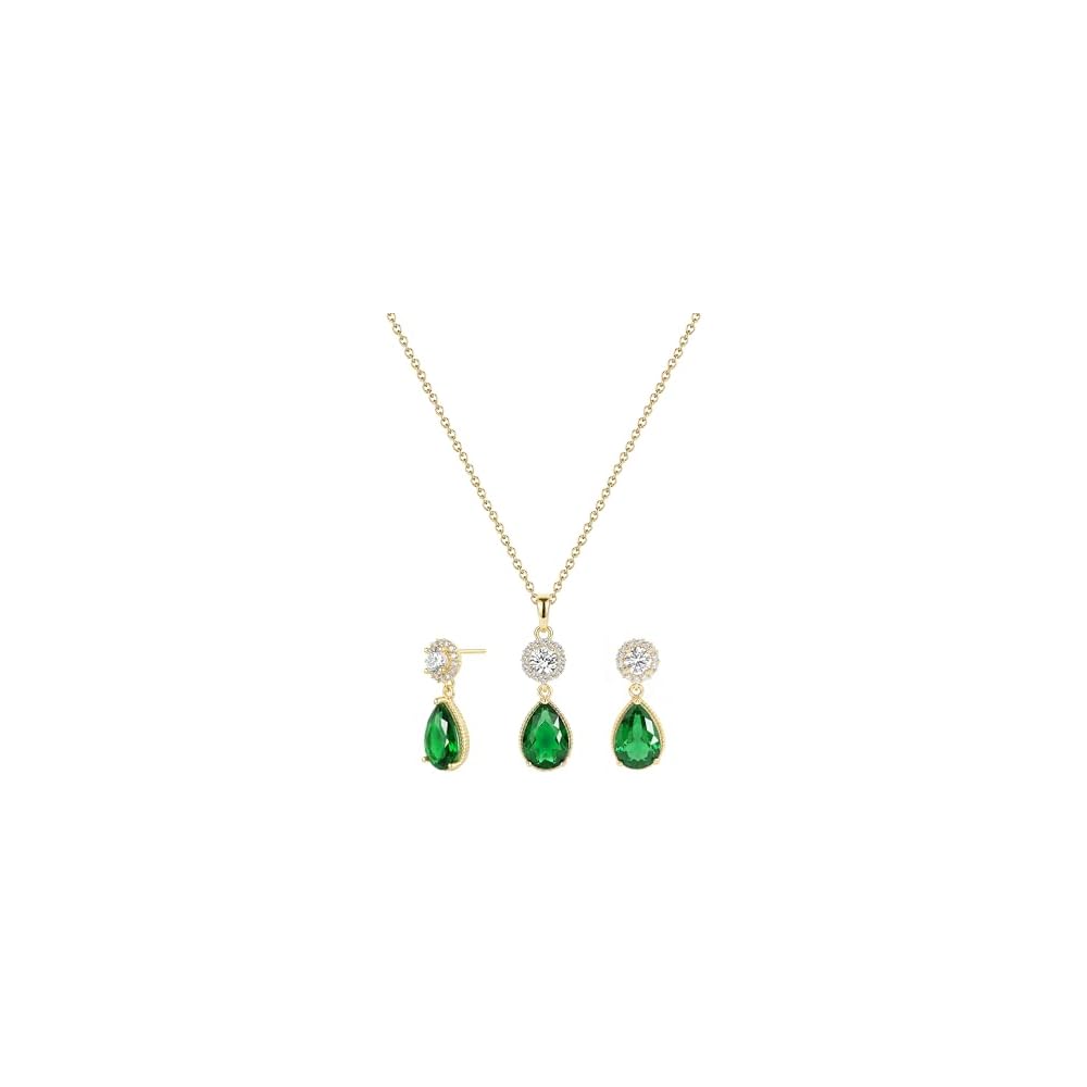 14K Gold Plated Emerald Green Jewelry Set for Women Necklace and Earring Set Cubic Zirconia Teardrop Pendant Green Stone Jewelry Set for Wedding Prom Party