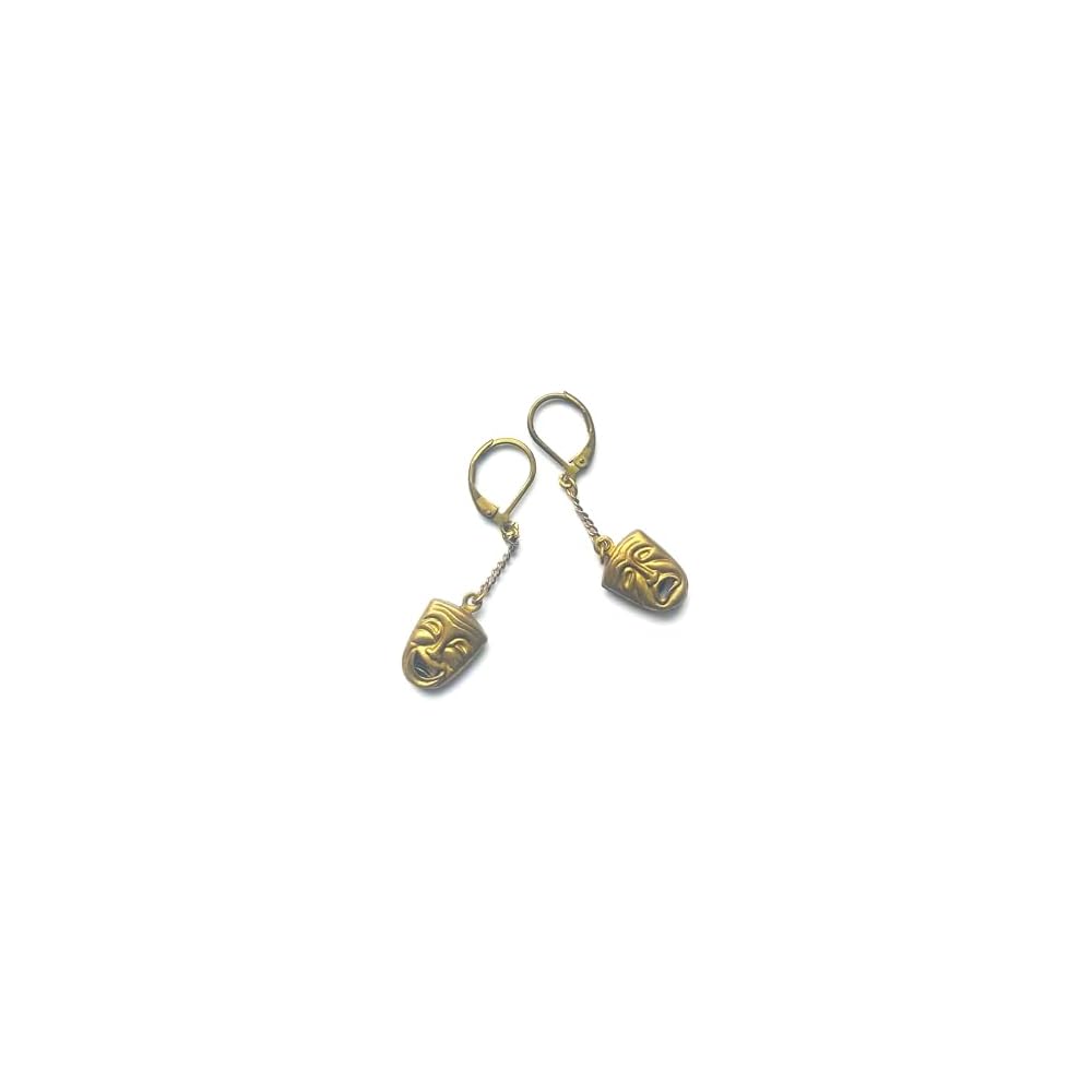 Theatrical Antique Brass Charm Necklace Tragedy Comedy Pendant/Earrings Theater Lover Gift Gold Plated Chain