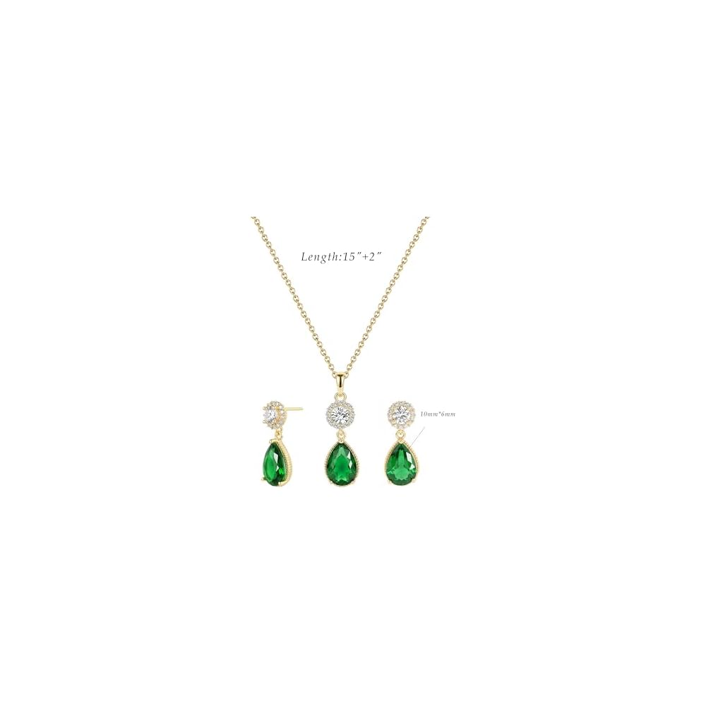 14K Gold Plated Emerald Green Jewelry Set for Women Necklace and Earring Set Cubic Zirconia Teardrop Pendant Green Stone Jewelry Set for Wedding Prom Party