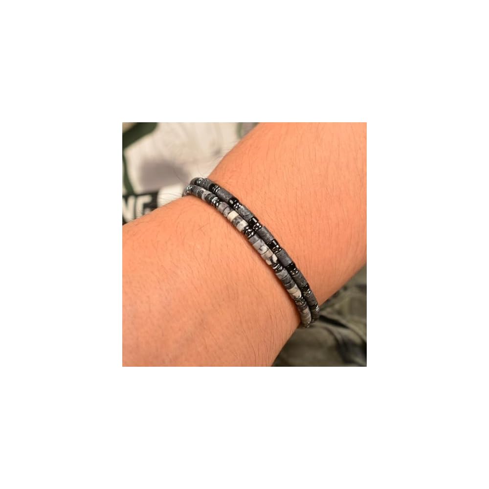 Mens Hematite Black Grid Stone Bracelet Handmade Adjustable Men Gift