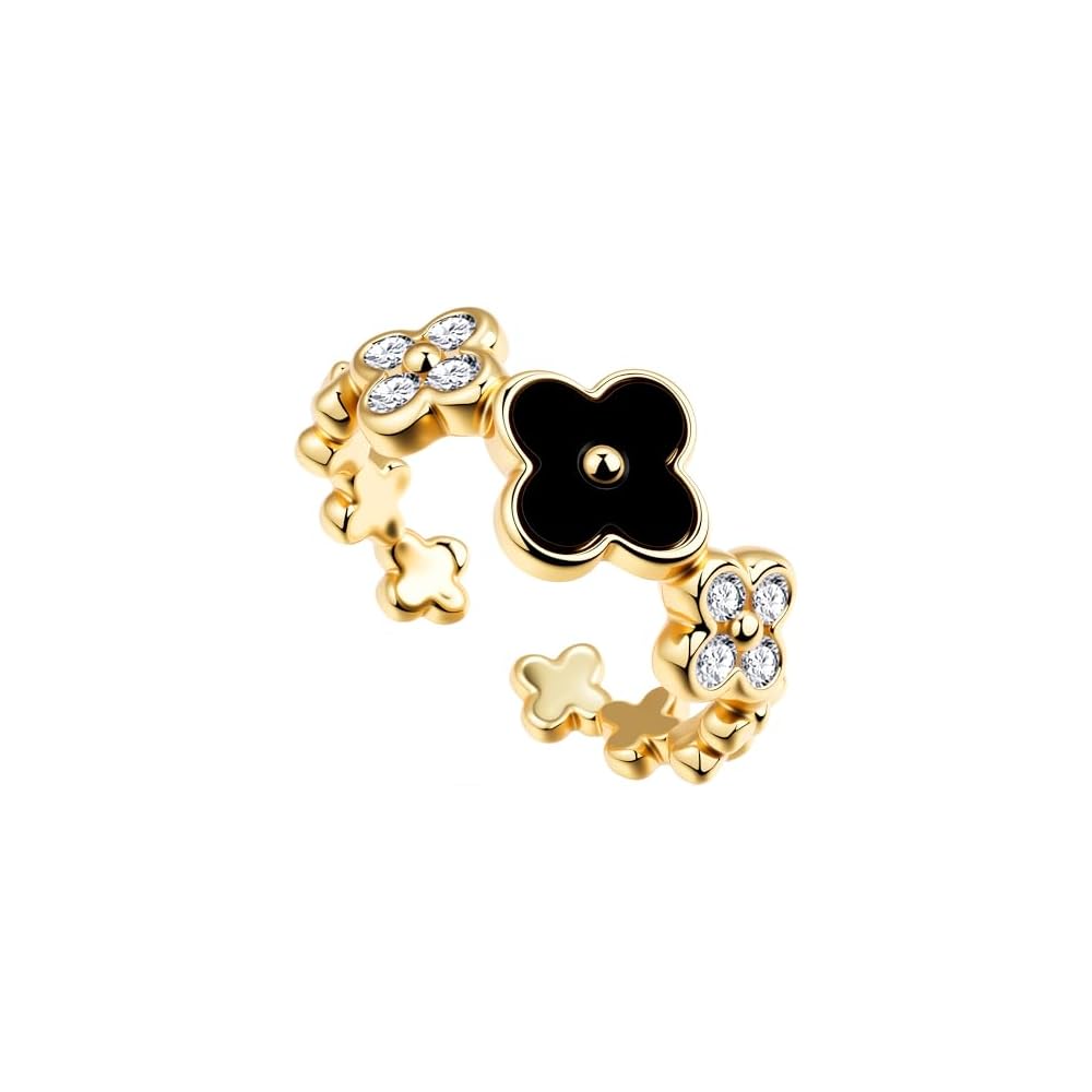 Four Leaf Clover Moissanite Ring for Women - 14K Gold Onyx Black with Cubic Zirconia Shamrock Ring - Hypoallergenic Non Tarnish Rings Stackable Thumb Adjustable Open Lucky Rings Gifts