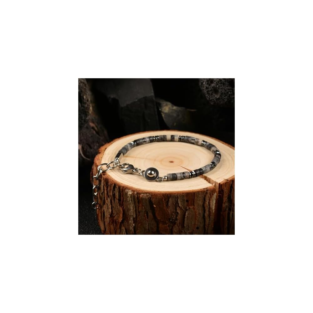 Mens Hematite Black Grid Stone Bracelet Handmade Adjustable Men Gift
