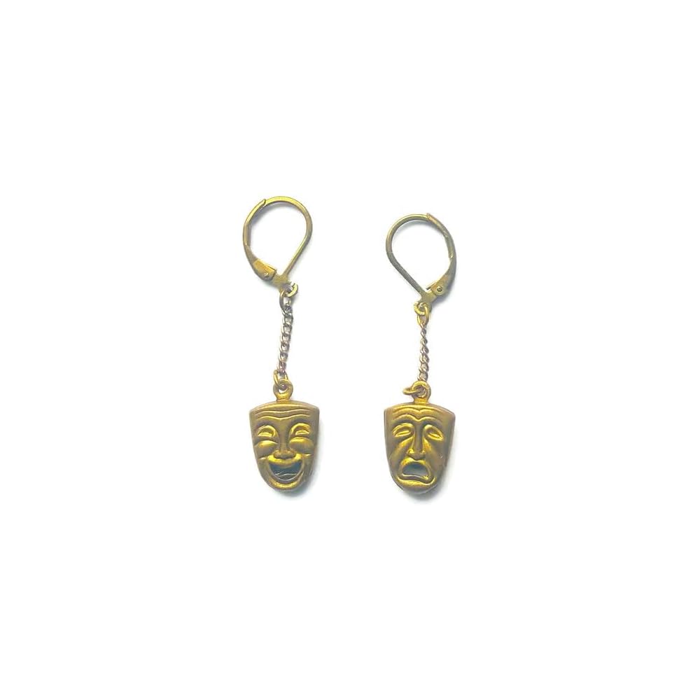 Theatrical Antique Brass Charm Necklace Tragedy Comedy Pendant/Earrings Theater Lover Gift Gold Plated Chain