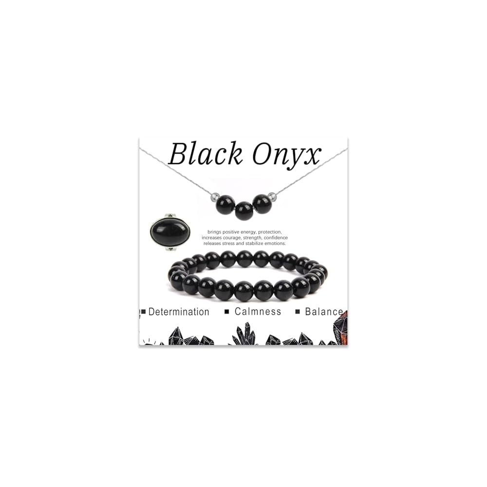 3PS Clear Quartz Bracelet-Necklace-Ring Set,8MM Healing Crystals Bracelets April Birthstone Necklace Crystal Rings White Jewelry Set for Women, Inspirational Gifts for Women Girls