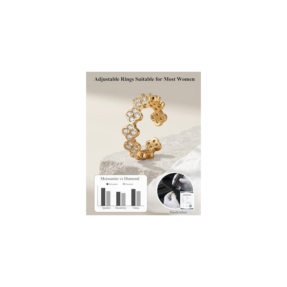Four Leaf Clover Moissanite Ring for Women - 14K Gold Onyx Black with Cubic Zirconia Shamrock Ring - Hypoallergenic Non Tarnish Rings Stackable Thumb Adjustable Open Lucky Rings Gifts