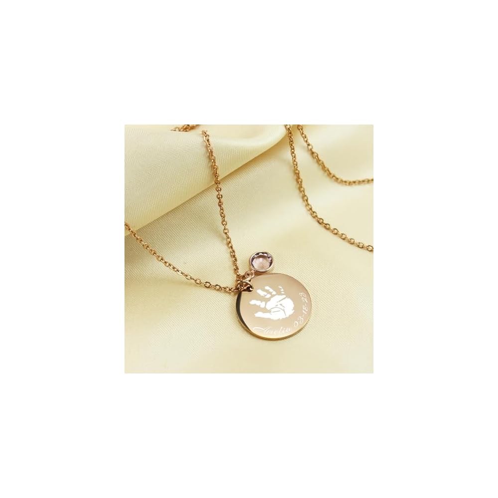 Actual Handprint Engraved Necklace Stainless Steel Baby Footprint Pendant Personalized Memorial Jewelry New Mom Gift