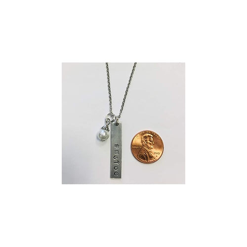 #metoo bar necklace, handstamped, with a white glass pearl dangle, on an 18 inch stainless steel link chain with a glass pearl dangle