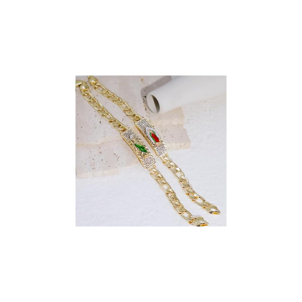14K Gold Plated Virgin Mary & St. Jude Cuban Link Bracelet for Men Women, Hip Hop San Judas Tadeo Our Lady of Guadalupe Charm Bracelet, Religious Gift for Baptism Communion Confirmation