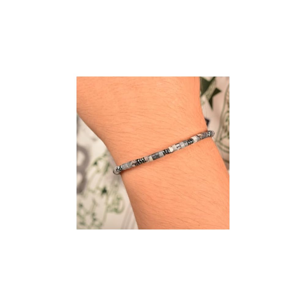 Mens Hematite Black Grid Stone Bracelet Handmade Adjustable Men Gift