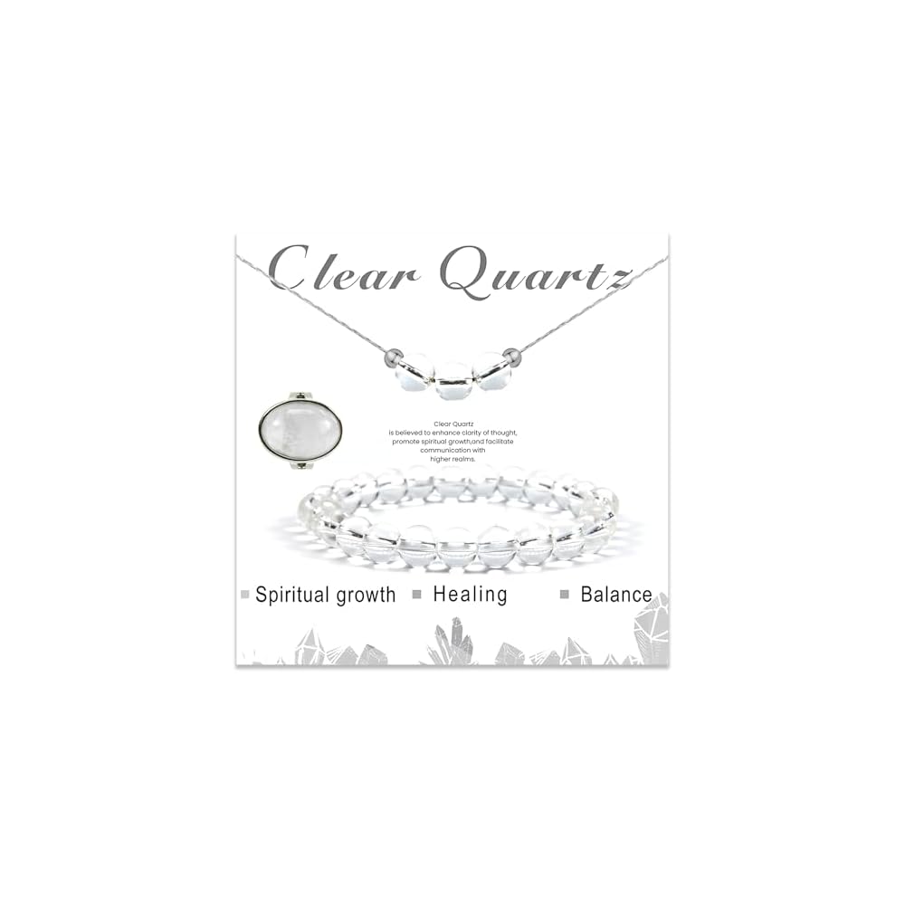 3PS Clear Quartz Bracelet-Necklace-Ring Set,8MM Healing Crystals Bracelets April Birthstone Necklace Crystal Rings White Jewelry Set for Women, Inspirational Gifts for Women Girls