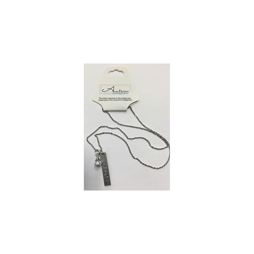 #metoo bar necklace, handstamped, with a white glass pearl dangle, on an 18 inch stainless steel link chain with a glass pearl dangle