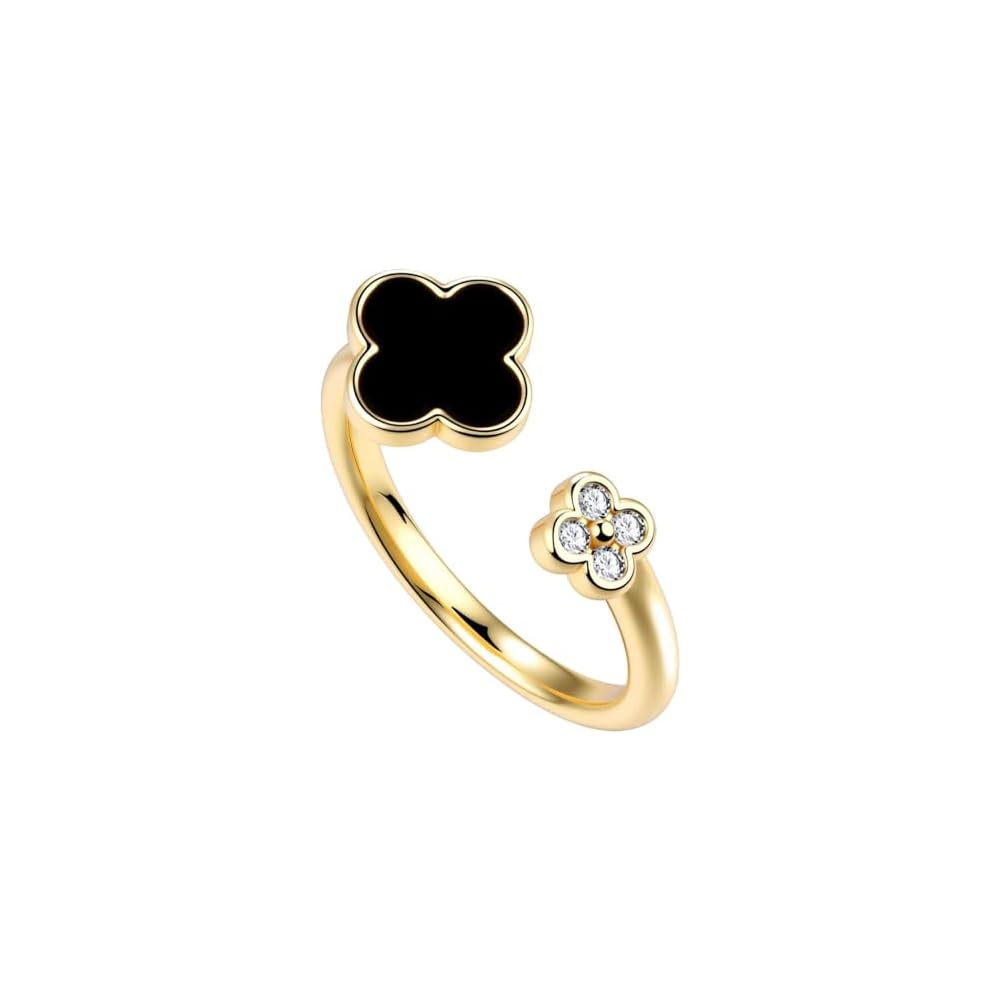 Four Leaf Clover Moissanite Ring for Women - 14K Gold Onyx Black with Cubic Zirconia Shamrock Ring - Hypoallergenic Non Tarnish Rings Stackable Thumb Adjustable Open Lucky Rings Gifts