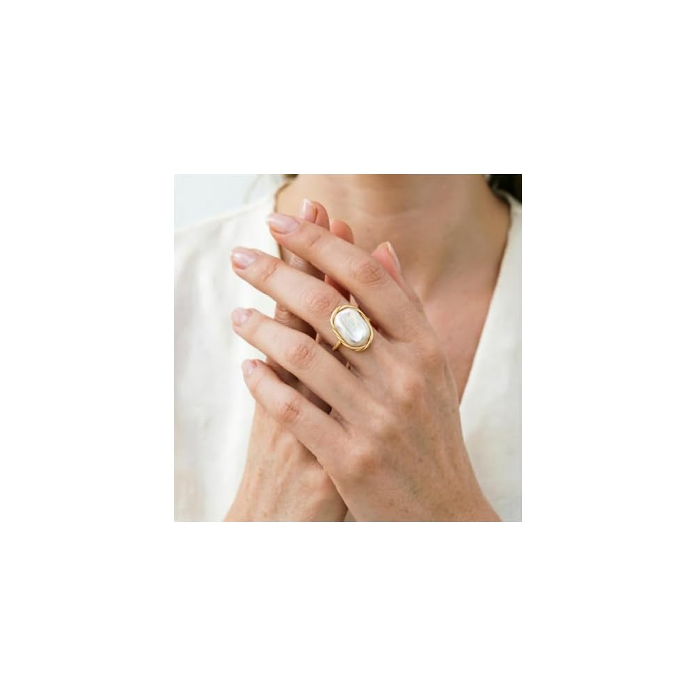 Unique Handcrafted White Baroque Pearl Ring, Chunky Gold, Non Tarnish