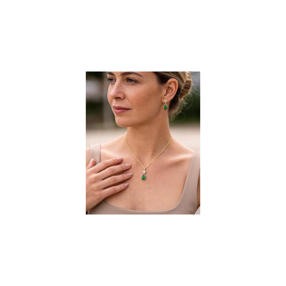 14K Gold Plated Emerald Green Jewelry Set for Women Necklace and Earring Set Cubic Zirconia Teardrop Pendant Green Stone Jewelry Set for Wedding Prom Party