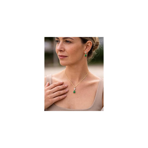14K Gold Plated Emerald Green Jewelry Set for Women Necklace and Earring Set Cubic Zirconia Teardrop Pendant Green Stone Jewelry Set for Wedding Prom Party