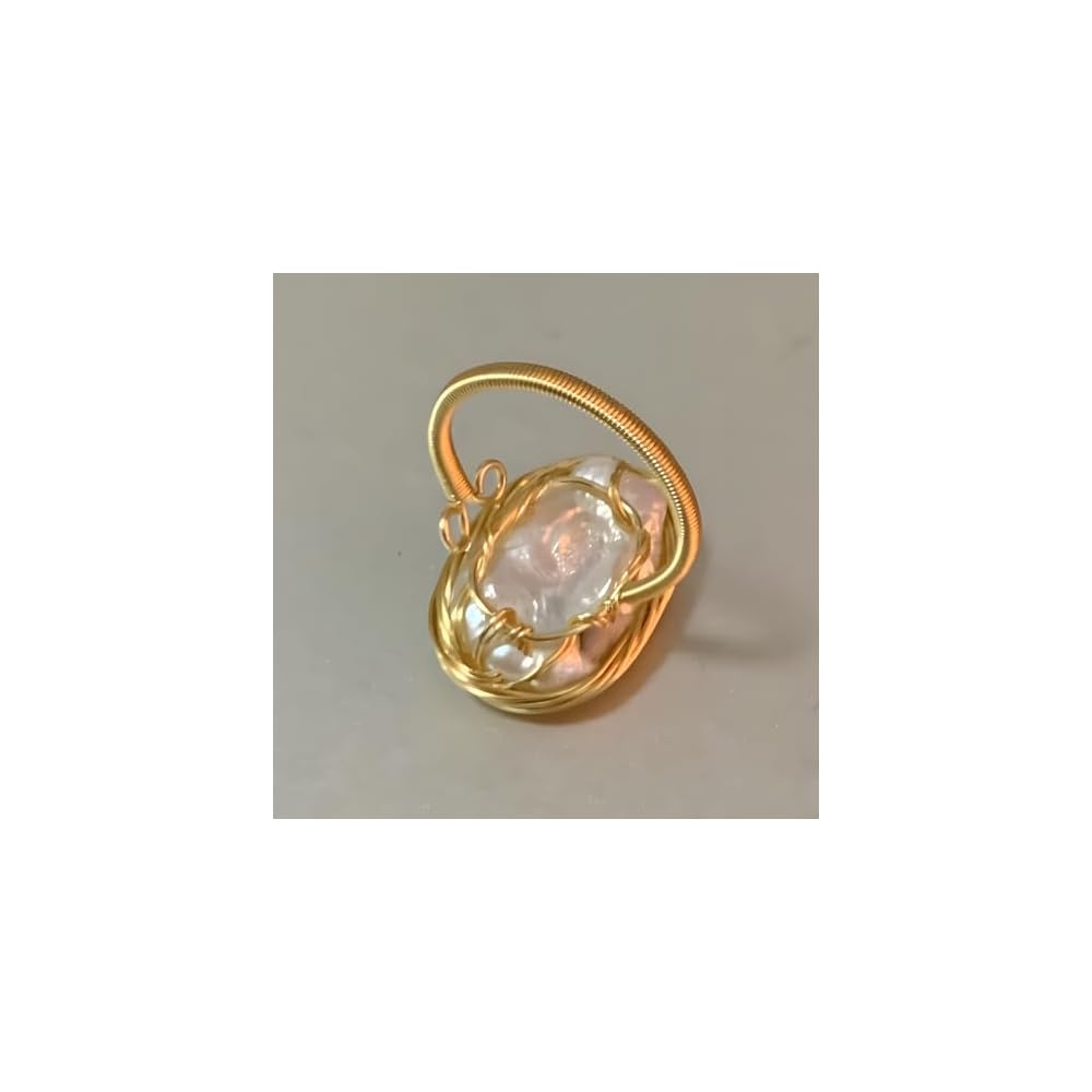 Unique Handcrafted White Baroque Pearl Ring, Chunky Gold, Non Tarnish