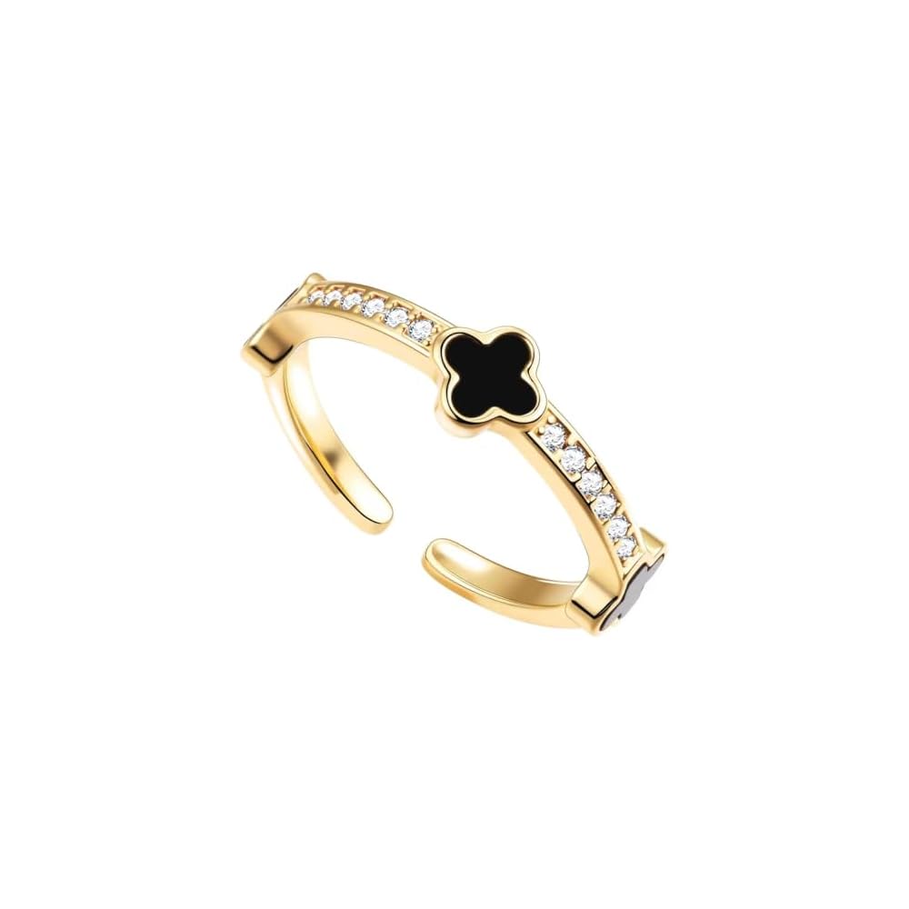 Four Leaf Clover Moissanite Ring for Women - 14K Gold Onyx Black with Cubic Zirconia Shamrock Ring - Hypoallergenic Non Tarnish Rings Stackable Thumb Adjustable Open Lucky Rings Gifts