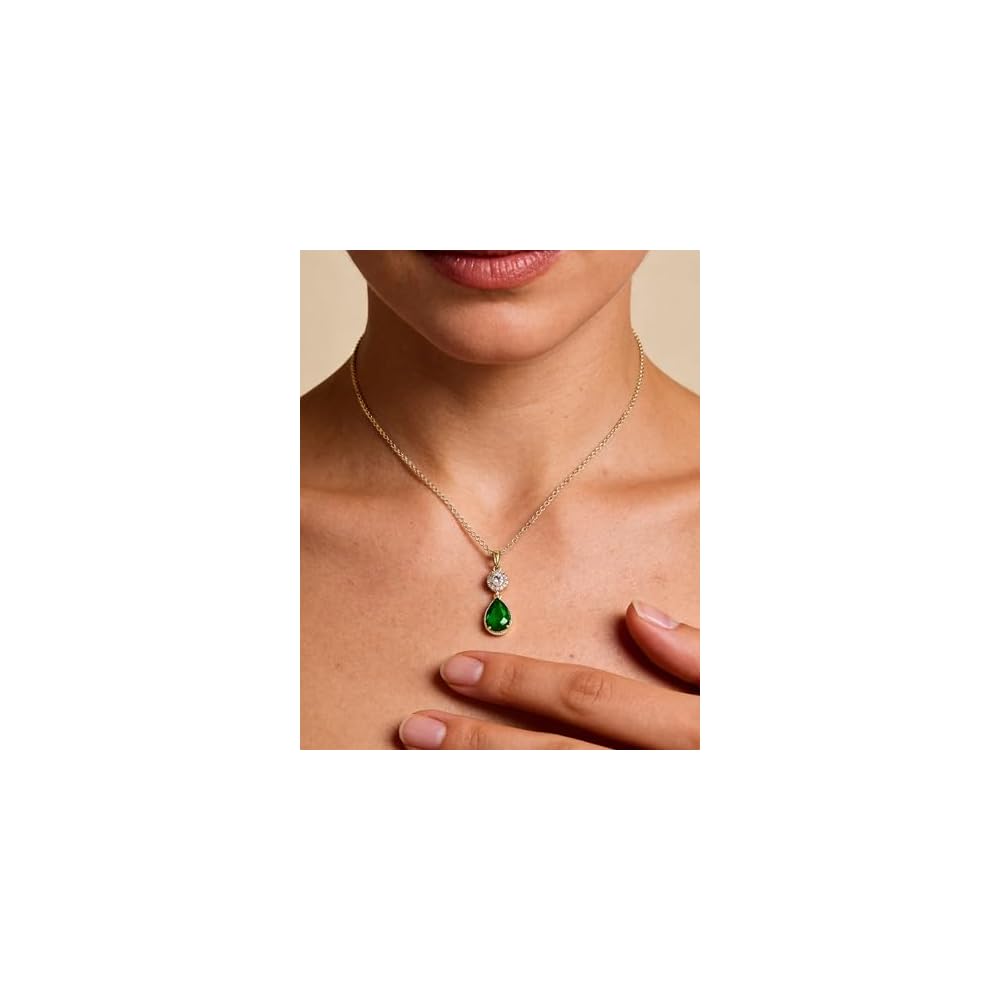 14K Gold Plated Emerald Green Jewelry Set for Women Necklace and Earring Set Cubic Zirconia Teardrop Pendant Green Stone Jewelry Set for Wedding Prom Party