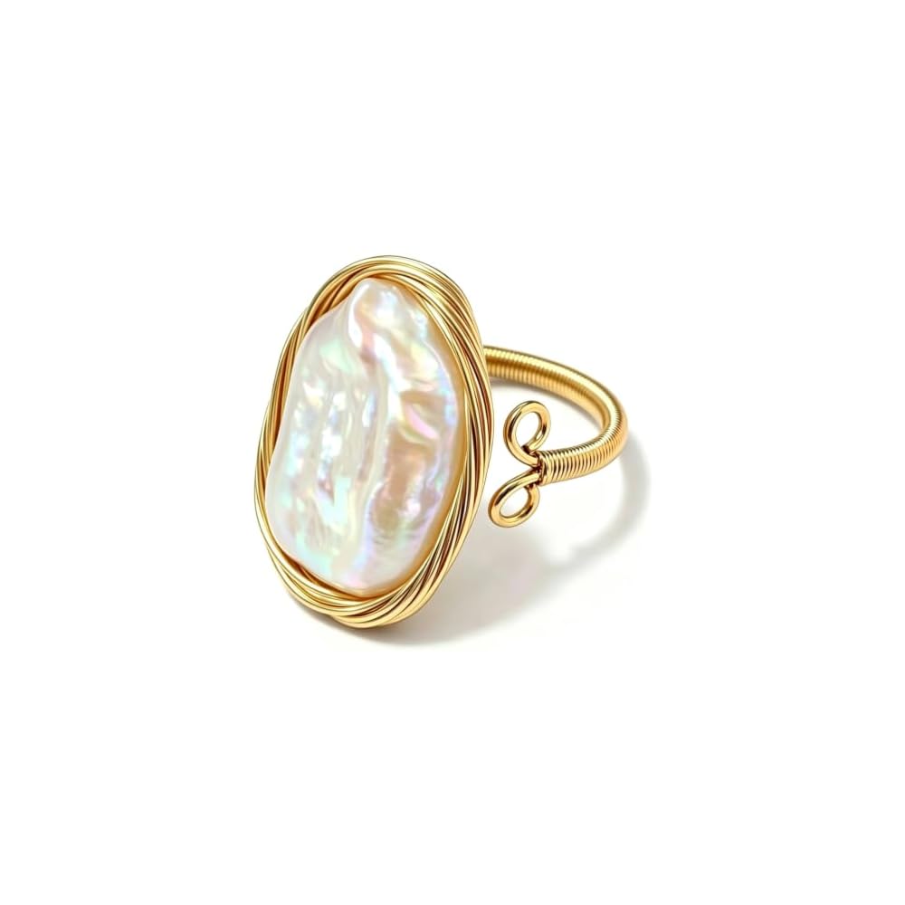 Unique Handcrafted White Baroque Pearl Ring, Chunky Gold, Non Tarnish