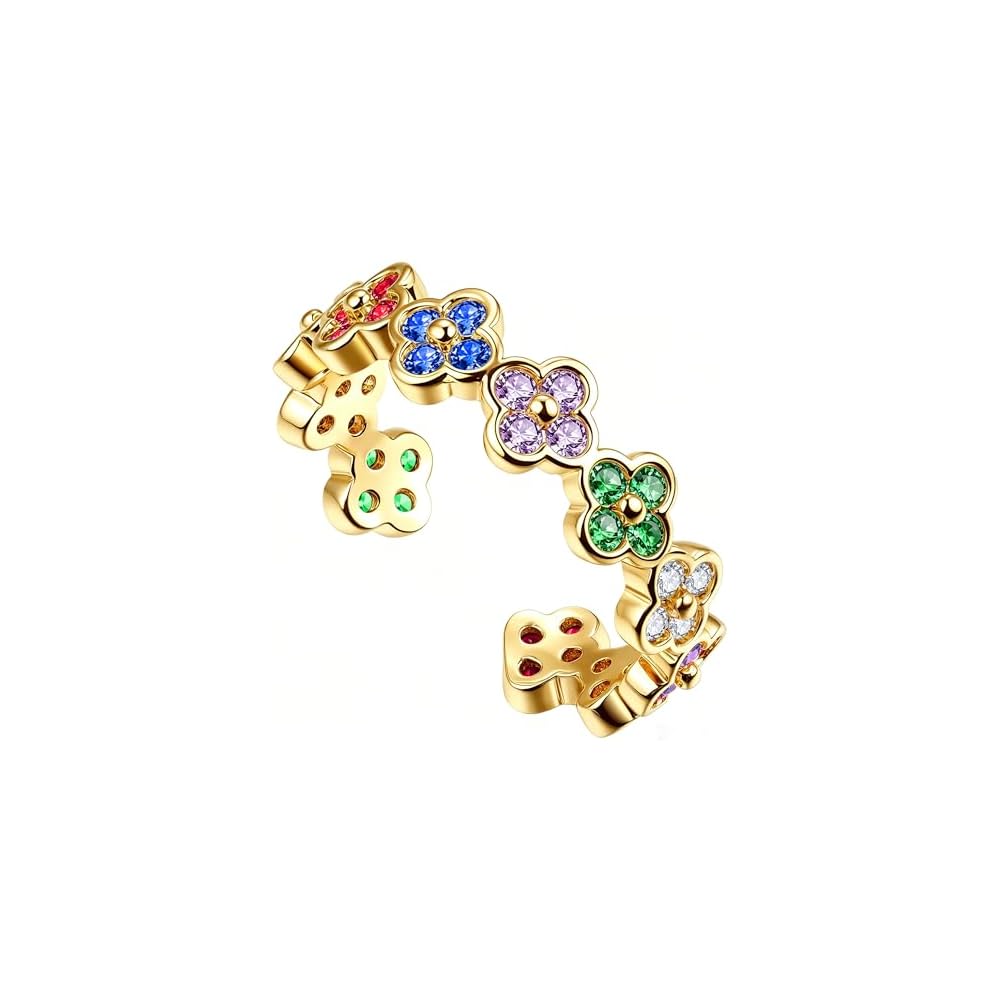 Four Leaf Clover Moissanite Ring for Women - 14K Gold Onyx Black with Cubic Zirconia Shamrock Ring - Hypoallergenic Non Tarnish Rings Stackable Thumb Adjustable Open Lucky Rings Gifts