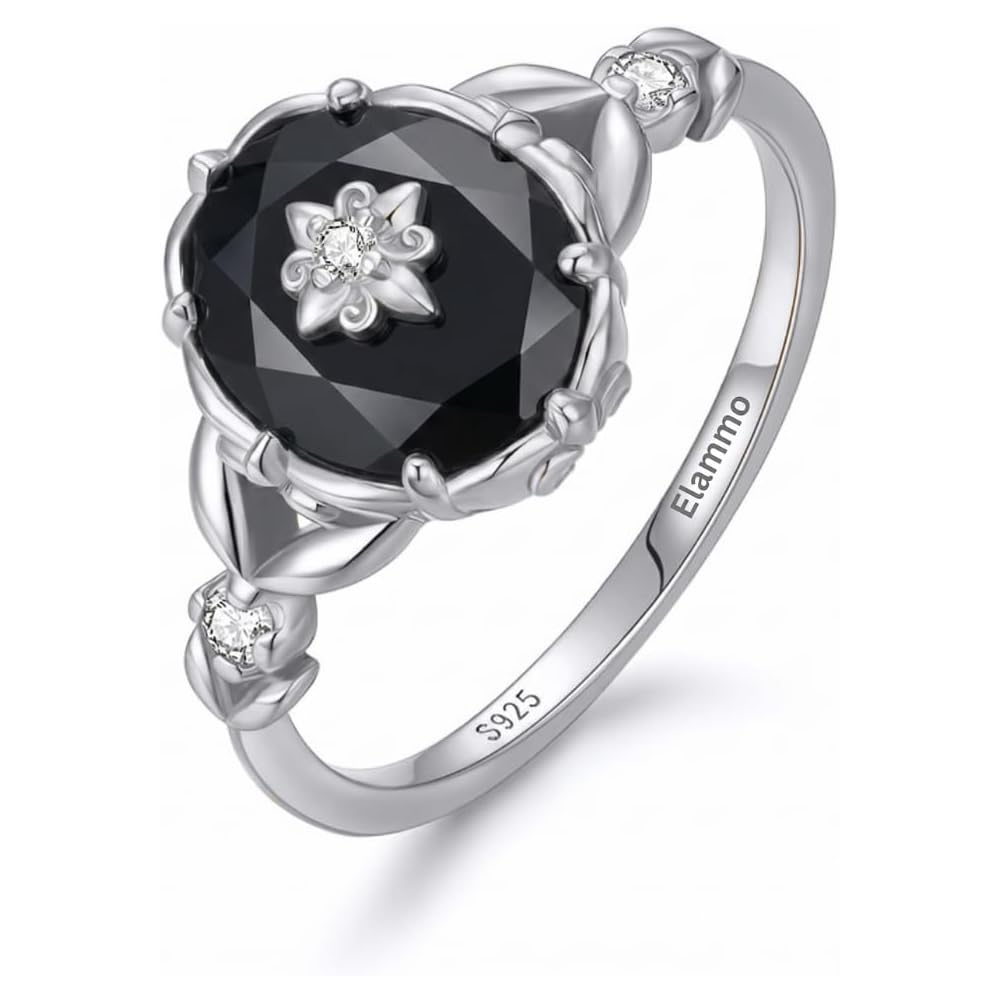 ELAMMO Ring for Women - 925 Sterling Silver Vintage Oval Cut Natural Gemstone Rings, Dainty Stacking Birthstone Ring Jewelry Gift for Her
