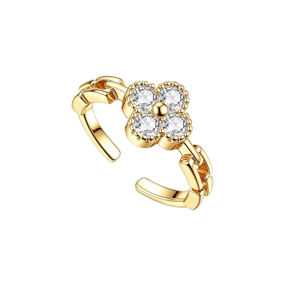 Four Leaf Clover Moissanite Ring for Women - 14K Gold Onyx Black with Cubic Zirconia Shamrock Ring - Hypoallergenic Non Tarnish Rings Stackable Thumb Adjustable Open Lucky Rings Gifts