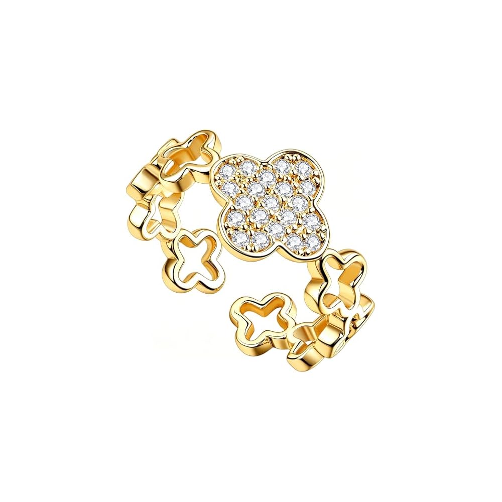 Four Leaf Clover Moissanite Ring for Women - 14K Gold Onyx Black with Cubic Zirconia Shamrock Ring - Hypoallergenic Non Tarnish Rings Stackable Thumb Adjustable Open Lucky Rings Gifts