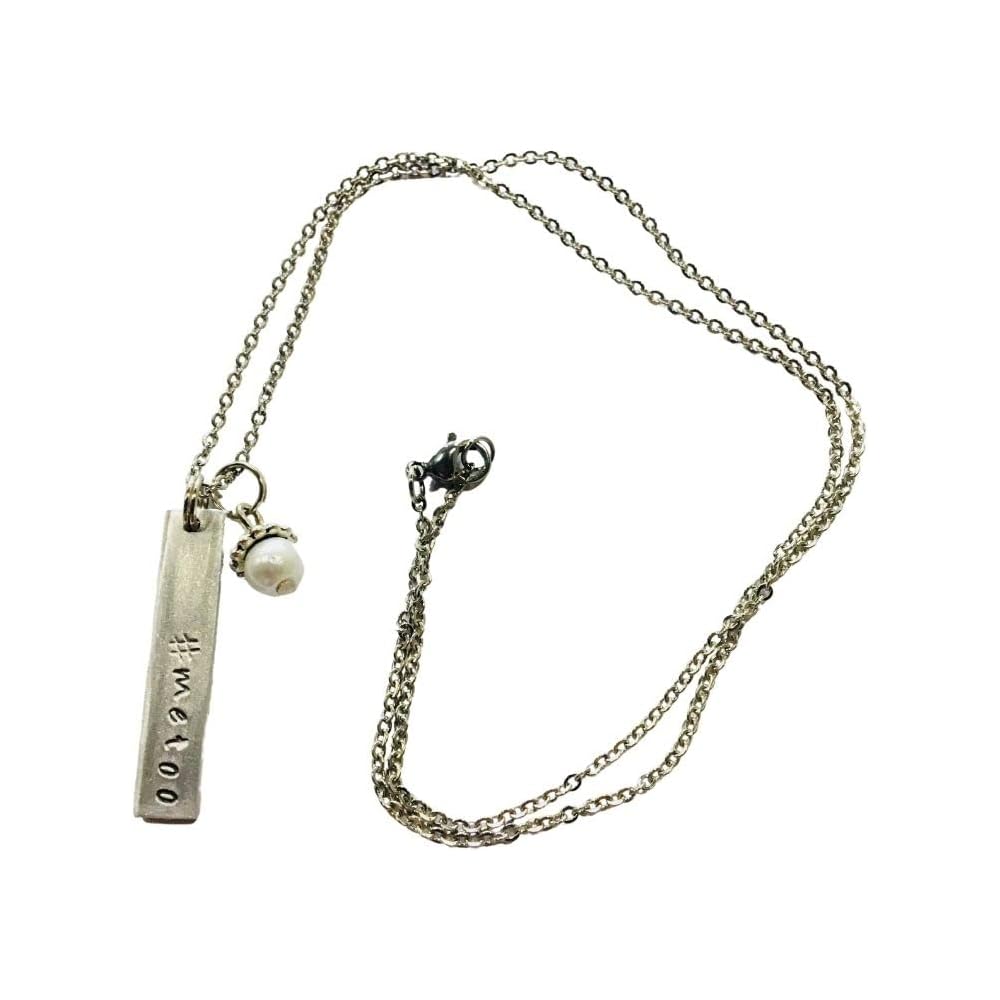 #metoo bar necklace, handstamped, with a white glass pearl dangle, on an 18 inch stainless steel link chain with a glass pearl dangle