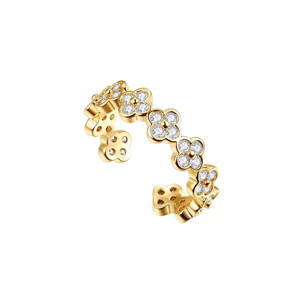 Four Leaf Clover Moissanite Ring for Women - 14K Gold Onyx Black with Cubic Zirconia Shamrock Ring - Hypoallergenic Non Tarnish Rings Stackable Thumb Adjustable Open Lucky Rings Gifts