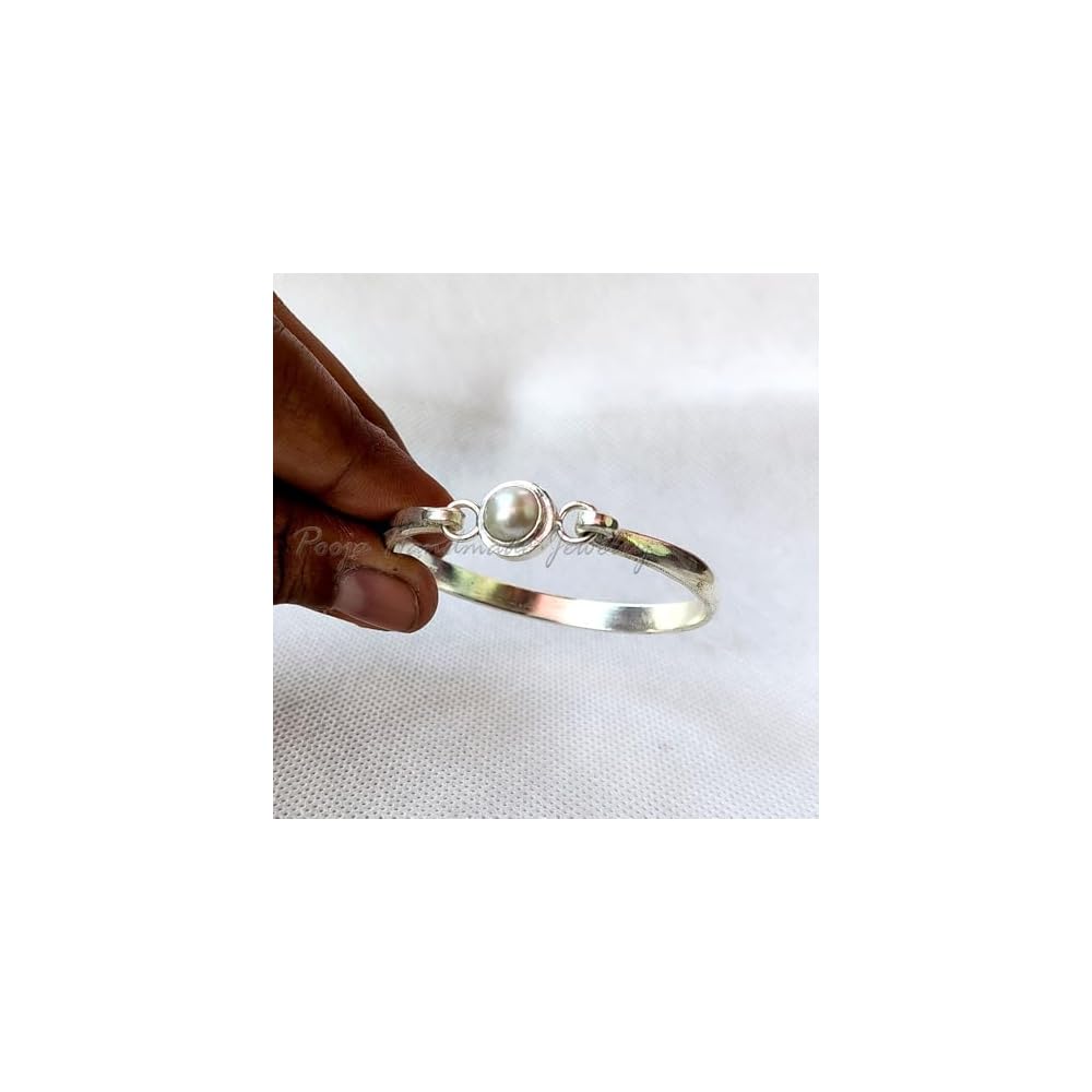 925 Sterling Silver Pearl Bangle Bracelet, Natural Round Pearl Cuff, Handmade Statement Jewelry Gift for Women