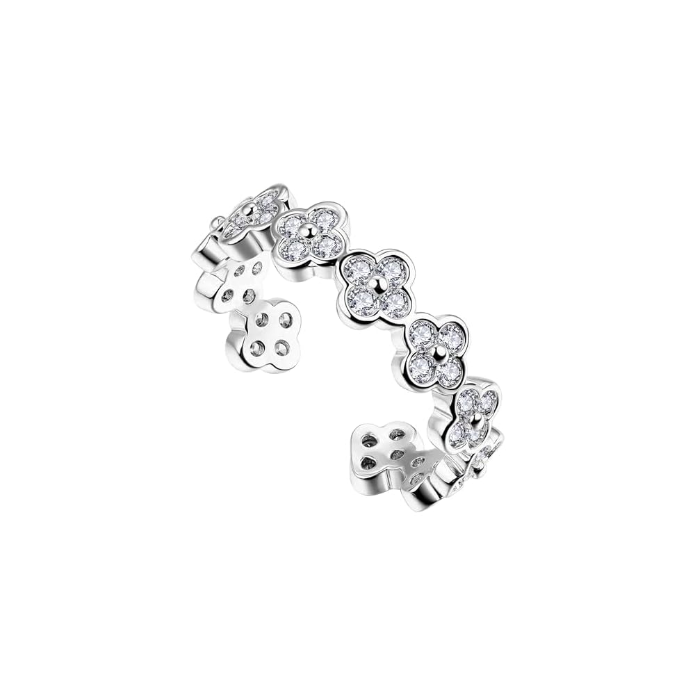Four Leaf Clover Moissanite Ring for Women - 14K Gold Onyx Black with Cubic Zirconia Shamrock Ring - Hypoallergenic Non Tarnish Rings Stackable Thumb Adjustable Open Lucky Rings Gifts