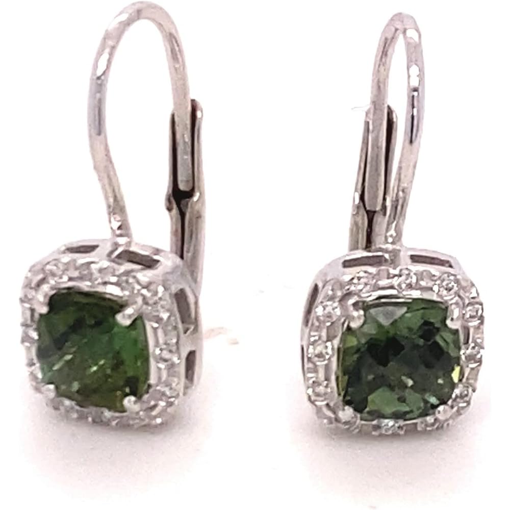 14k White Gold Earrings in Cushion Cut Green Tourmaline & Natural Diamonds, Leverback Earrings, Earrings For Women, Gold Jewelry, Jewelry for Women, Aesthetic, Gold Jewelry, Birthday Gifts For Women