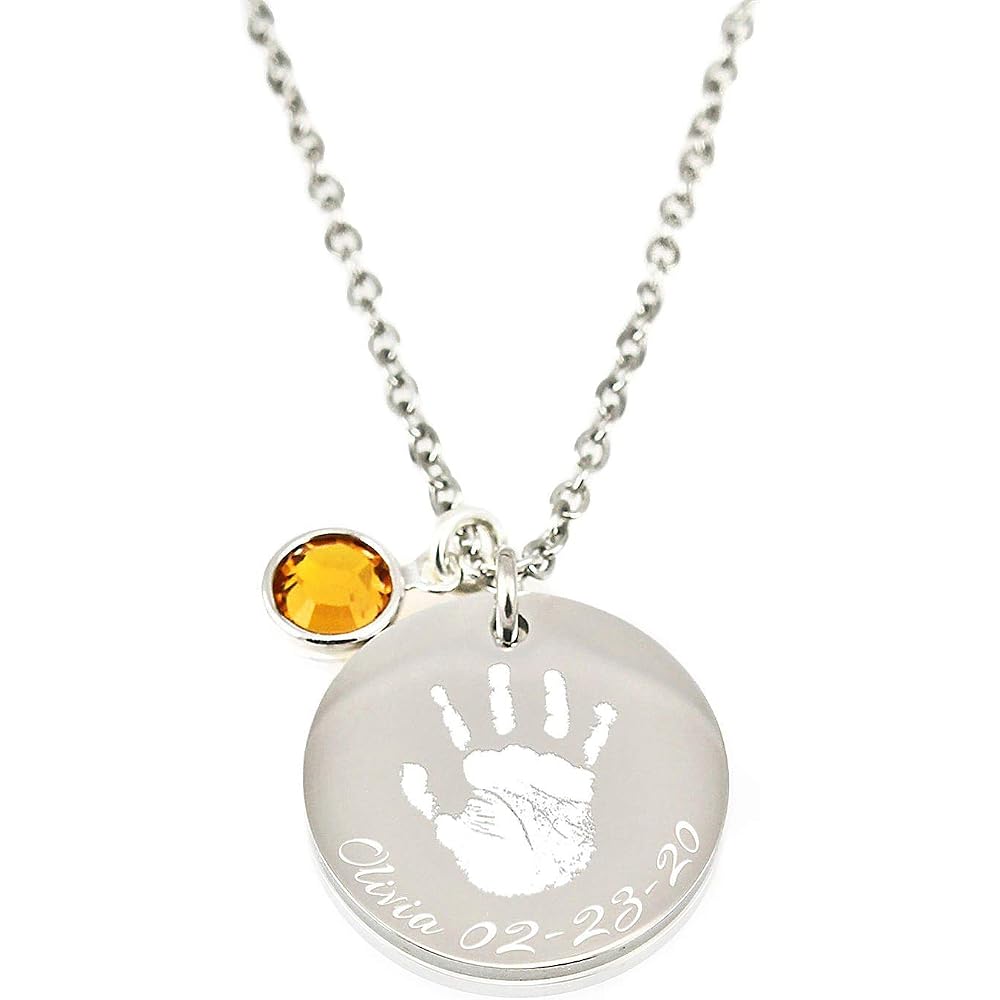 Actual Handprint Engraved Necklace Stainless Steel Baby Footprint Pendant Personalized Memorial Jewelry New Mom Gift