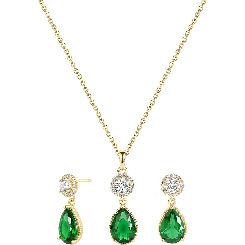 14K Gold Plated Emerald Green Jewelry Set for Women Necklace and Earring Set Cubic Zirconia Teardrop Pendant Green Stone Jewelry Set for Wedding Prom Party